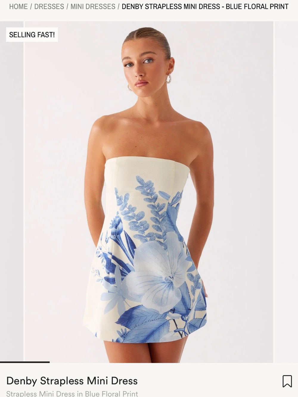 NWT PepperMayo Denby Strapless Mini Dress in Cream with Blue Floral